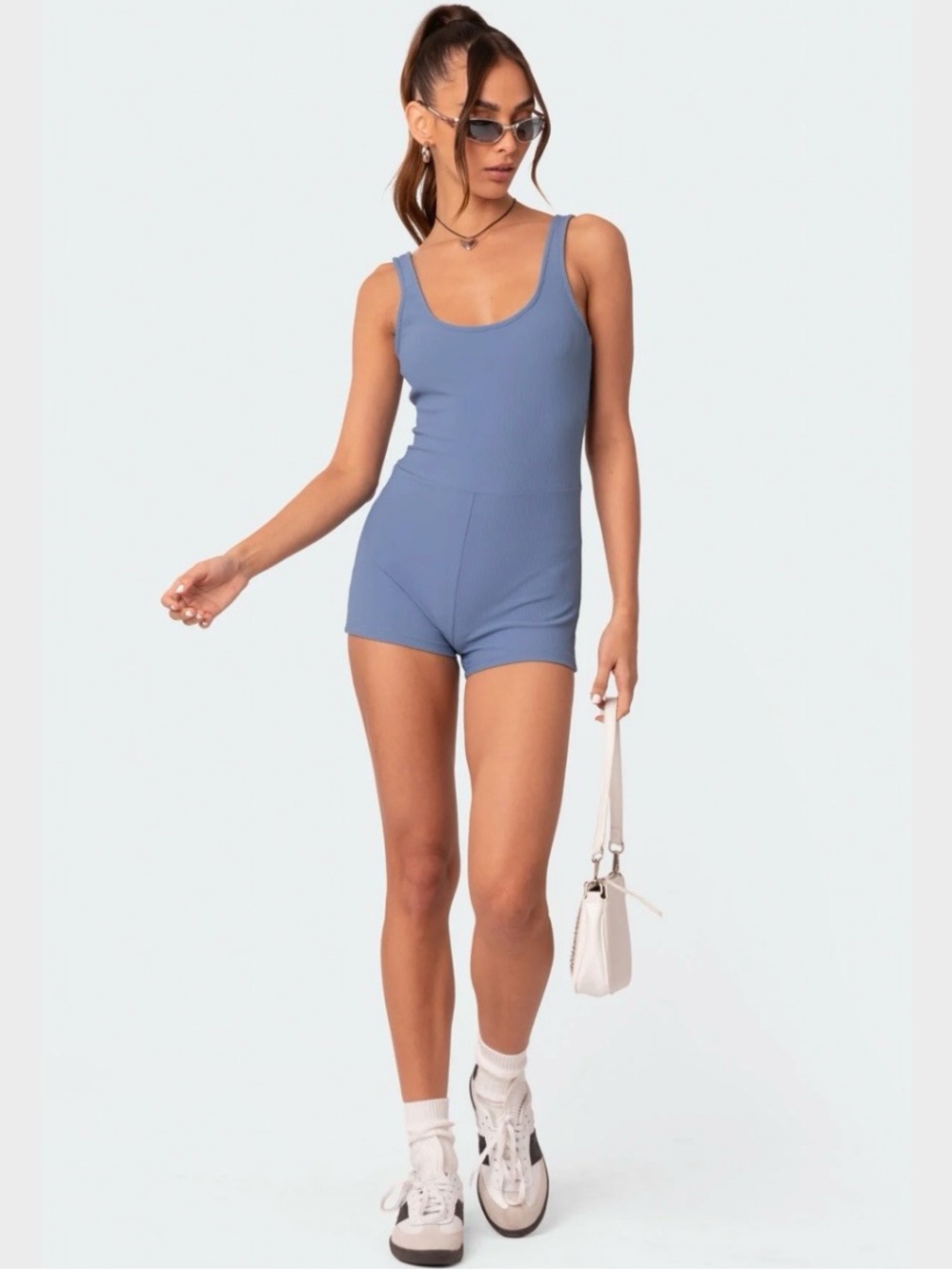 NWT Edikted Drea Dusty Blue Open Backed Ribbed Romper Small